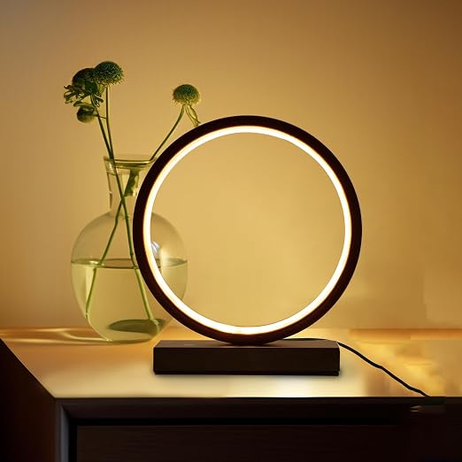 Lampe LED circulaire minimaliste allumée avec un pot de fleurs